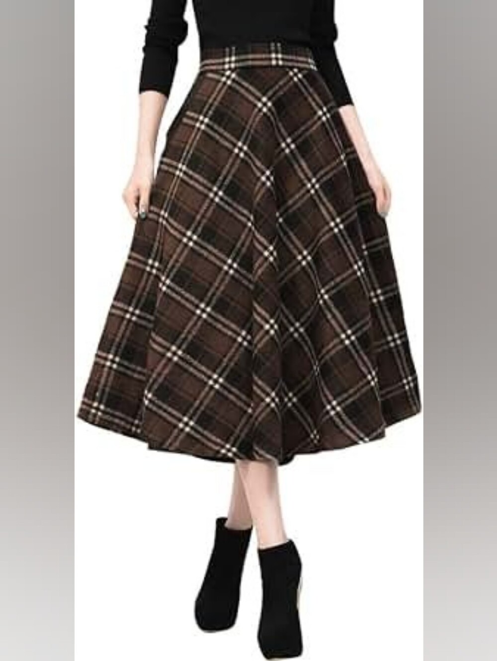 Ylingjun Long Tartan Plaid Wool A-line Skirt with High Waist (Elastic) & Pockets - Picture 11 of 11